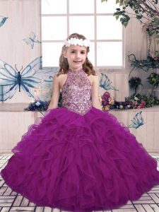 Purple Ball Gowns Tulle Halter Top Sleeveless Beading and Ruffles Floor Length Lace Up Child Pageant Dress