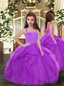 Straps Sleeveless Little Girls Pageant Dress Floor Length Ruffles Purple Tulle