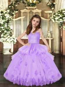 Fantastic Straps Sleeveless Tulle Pageant Gowns For Girls Appliques Lace Up