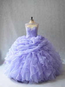 Eye-catching Lavender Lace Up Sweet 16 Quinceanera Dress Beading and Ruffles and Pick Ups Sleeveless Brush Train