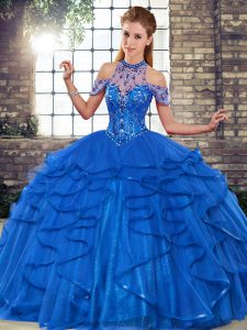 Lovely Royal Blue Sleeveless Floor Length Beading and Ruffles Lace Up Sweet 16 Dress