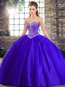 Exquisite Lace Up Quince Ball Gowns Blue for Military Ball and Sweet 16 and Quinceanera with Beading Brush Train