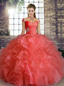 Cheap Sleeveless Floor Length Beading and Ruffles Lace Up Sweet 16 Quinceanera Dress with Watermelon Red