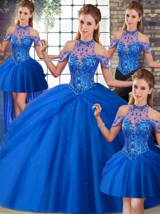 Low Price Blue Sleeveless Brush Train Beading and Pick Ups Quinceanera Gowns