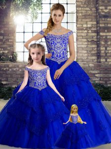 Royal Blue Ball Gowns Off The Shoulder Sleeveless Tulle Brush Train Lace Up Beading and Lace Quinceanera Dresses