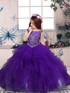 High Class Purple Little Girls Pageant Gowns Party and Sweet 16 and Wedding Party with Beading and Ruffles Scoop Sleeveless Zipper