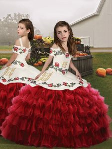 Red Ball Gowns Organza Straps Sleeveless Embroidery and Ruffled Layers Floor Length Lace Up Little Girl Pageant Gowns