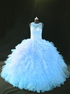 Blue and Light Blue Organza Lace Up Scoop Sleeveless 15th Birthday Dress Appliques and Ruffles