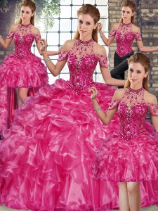 Halter Top Sleeveless Lace Up Quinceanera Dresses Fuchsia Organza