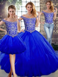 Royal Blue Vestidos de Quinceanera Military Ball and Sweet 16 and Quinceanera with Beading and Ruffles Off The Shoulder Sleeveless Lace Up