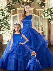 Cute Sleeveless Floor Length Ruffled Layers Lace Up Vestidos de Quinceanera with Royal Blue