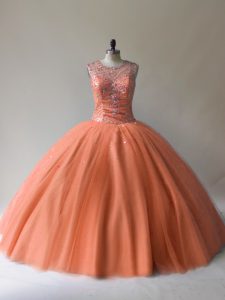 Fitting Orange Sleeveless Floor Length Beading Lace Up 15th Birthday Dress