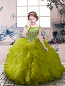 Affordable Olive Green Ball Gowns Beading and Ruffles Girls Pageant Dresses Zipper Organza Sleeveless Floor Length