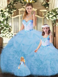 Organza Sweetheart Sleeveless Lace Up Beading and Ruffles 15th Birthday Dress in Blue