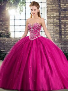 Sleeveless Brush Train Lace Up Beading Quince Ball Gowns