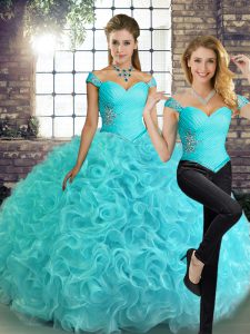 Two Pieces Vestidos de Quinceanera Aqua Blue Off The Shoulder Fabric With Rolling Flowers Sleeveless Floor Length Lace Up