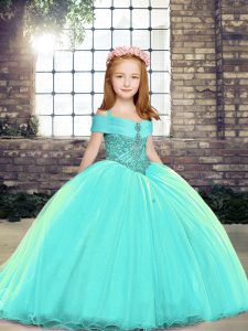 Great Aqua Blue Kids Formal Wear Party and Sweet 16 and Wedding Party with Beading Straps Sleeveless Brush Train Lace Up