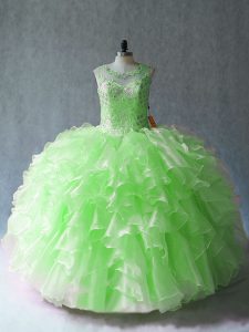 Noble Organza Lace Up Scoop Sleeveless Floor Length Vestidos de Quinceanera Beading and Ruffles