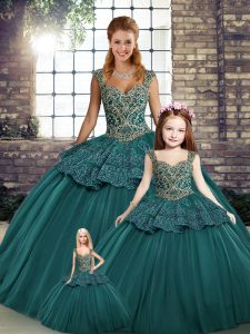 Green Ball Gowns Beading and Appliques Sweet 16 Quinceanera Dress Lace Up Tulle Sleeveless Floor Length