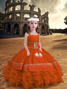 Inexpensive Orange Red Child Pageant Dress Wedding Party with Embroidery and Ruffled Layers Straps Sleeveless Zipper