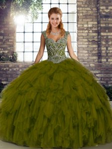 Ball Gowns Sweet 16 Quinceanera Dress Olive Green Straps Organza Sleeveless Floor Length Lace Up