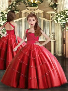 Latest Red Little Girls Pageant Dress Party and Wedding Party with Beading Straps Sleeveless Lace Up