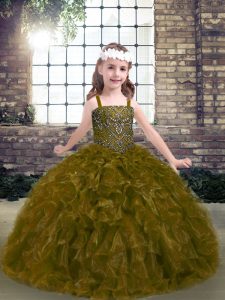 Elegant Straps Sleeveless Lace Up Little Girls Pageant Dress Olive Green Organza