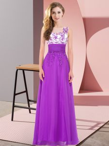 Excellent Sleeveless Chiffon Floor Length Backless Vestidos de Damas in Purple with Appliques