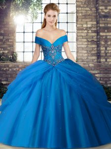 Ideal Blue 15 Quinceanera Dress Off The Shoulder Sleeveless Brush Train Lace Up