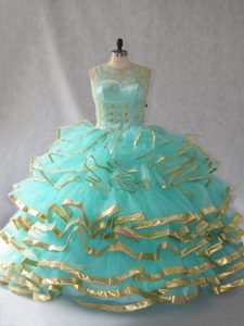 Sweet Aqua Blue Lace Up Quinceanera Dress Beading and Embroidery and Ruffles and Ruffled Layers Sleeveless Floor Length