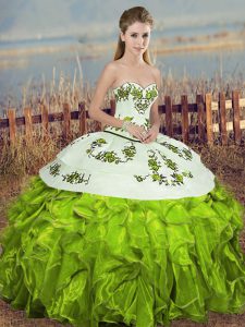 Pretty Olive Green Lace Up Sweet 16 Quinceanera Dress Embroidery and Ruffles and Bowknot Sleeveless Floor Length