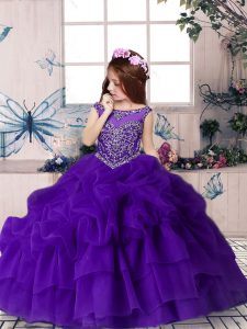 New Arrival Purple Zipper Scoop Beading and Pick Ups Little Girl Pageant Dress Organza Sleeveless