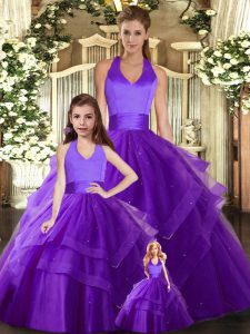 Edgy Floor Length Lace Up Quinceanera Dress Purple for Sweet 16 and Quinceanera with Ruching