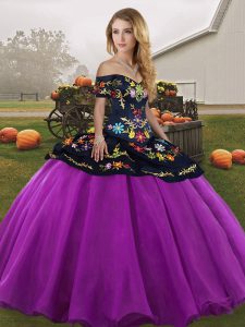 Glamorous Black And Purple Quinceanera Gown Military Ball and Sweet 16 and Quinceanera with Embroidery Off The Shoulder Sleeveless Lace Up