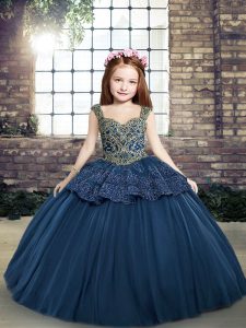 Elegant Floor Length Ball Gowns Sleeveless Navy Blue Little Girl Pageant Dress Lace Up