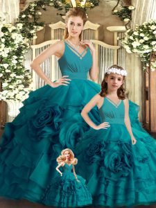 Teal Ball Gowns Ruffles 15th Birthday Dress Backless Organza Sleeveless