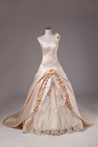 Champagne Lace Up Sweet 16 Dresses Embroidery and Hand Made Flower Sleeveless Brush Train