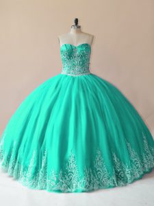 Chic Turquoise Sleeveless Floor Length Embroidery Lace Up Quince Ball Gowns