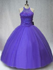 Floor Length Purple Quinceanera Dress Halter Top Sleeveless Lace Up