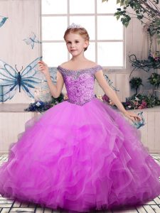 Fashionable Floor Length Ball Gowns Sleeveless Lilac Little Girl Pageant Gowns Lace Up