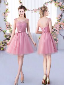 Modern Mini Length A-line Sleeveless Pink Quinceanera Dama Dress Lace Up