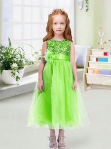 Top Selling Empire Scoop Sleeveless Organza Tea Length Zipper Sequins and Hand Made Flower Pageant Gowns For Girls