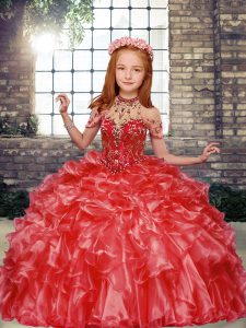 Red Ball Gowns Beading and Ruffles Little Girl Pageant Dress Lace Up Organza Sleeveless Floor Length