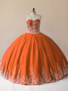 Orange Sweetheart Neckline Embroidery Ball Gown Prom Dress Sleeveless Lace Up