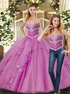 Sleeveless Floor Length Beading Lace Up 15 Quinceanera Dress with Lilac