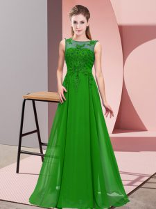 Scoop Sleeveless Quinceanera Court of Honor Dress Floor Length Beading and Appliques Green Chiffon