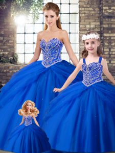 Royal Blue Sweet 16 Dress Tulle Brush Train Sleeveless Beading and Pick Ups