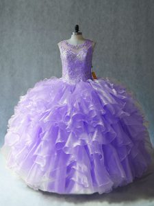 Lavender Ball Gowns Organza Scoop Sleeveless Beading and Ruffles Floor Length Lace Up Sweet 16 Dress