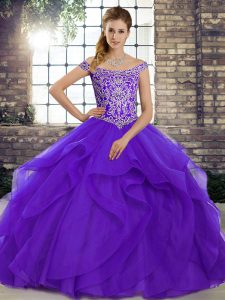 Purple Sweet 16 Dress Off The Shoulder Sleeveless Brush Train Lace Up