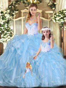 Blue Sweetheart Lace Up Beading and Ruffles Sweet 16 Dress Sleeveless